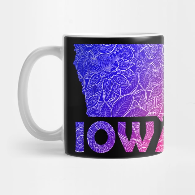 Colorful mandala art map of Iowa with text in blue and violet by Happy Citizen